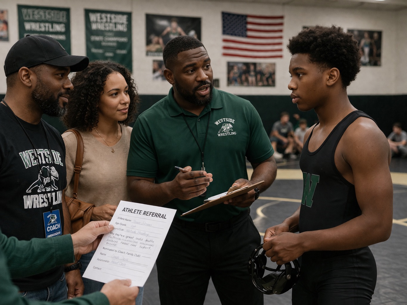 Student-athletes focused during team meeting